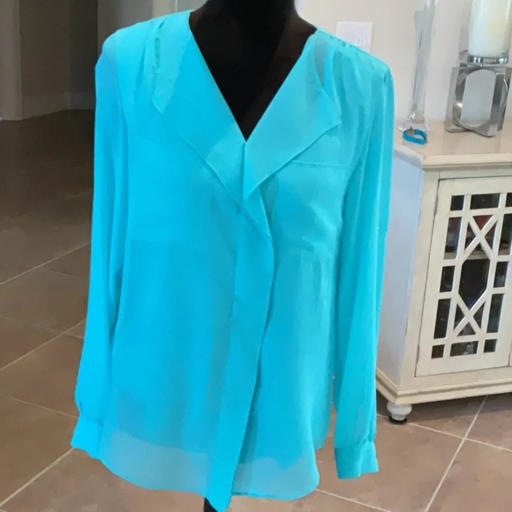 Calvin Klein ruffle front top, long sleeves, aqua blue, size XS - Picture 1 of 6
